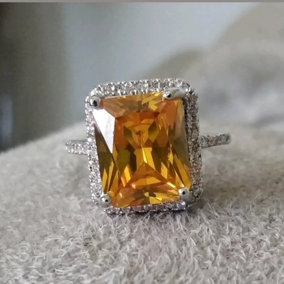 14k White Gold Over Sterling Silver Emerald Cut Citrine Halo Accent Ring sz6 & 7